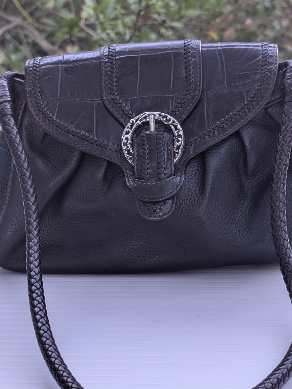 Brighton Black Leather Shoulder Bag with Silver-Tone Buckle